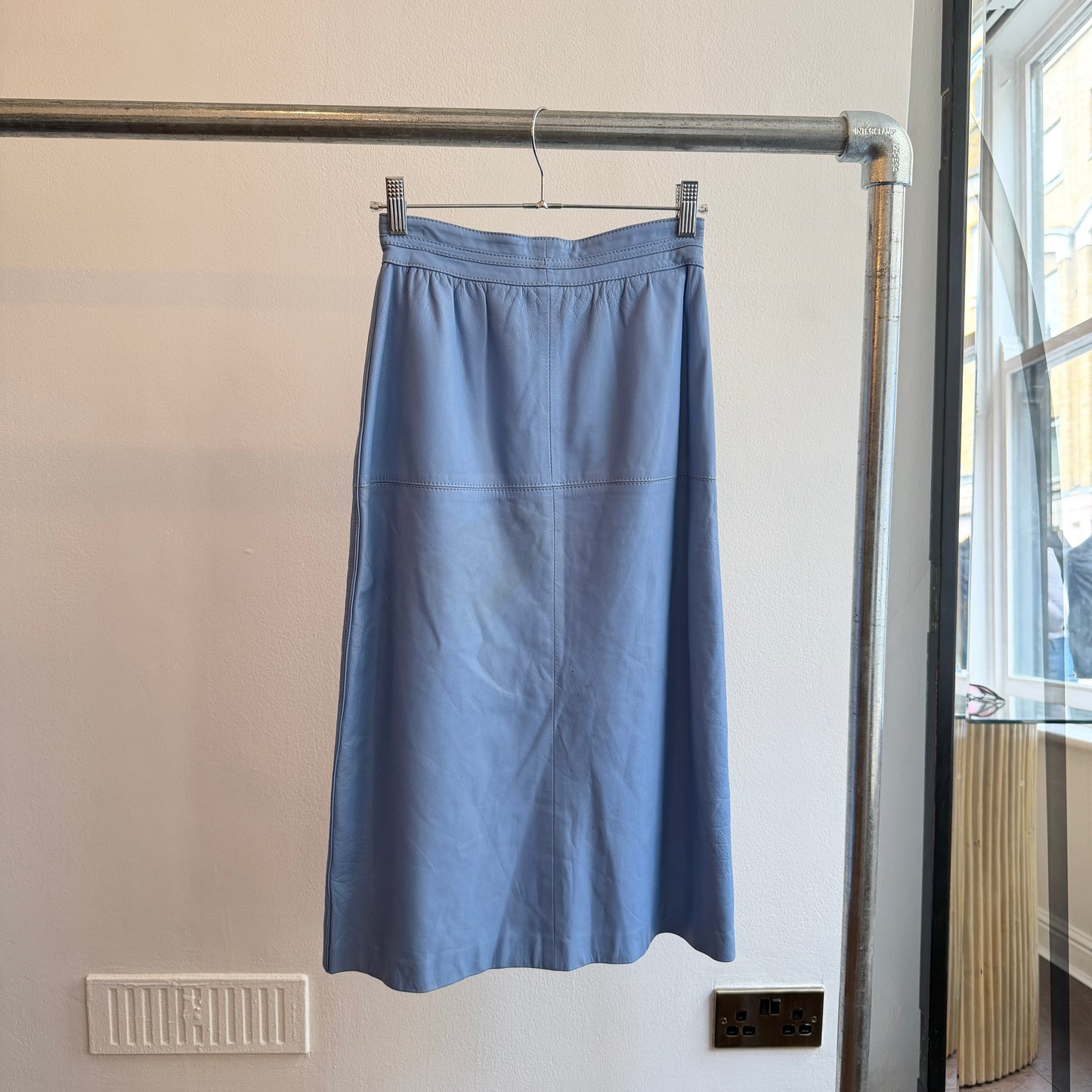 Blue Leather Midi Skirt