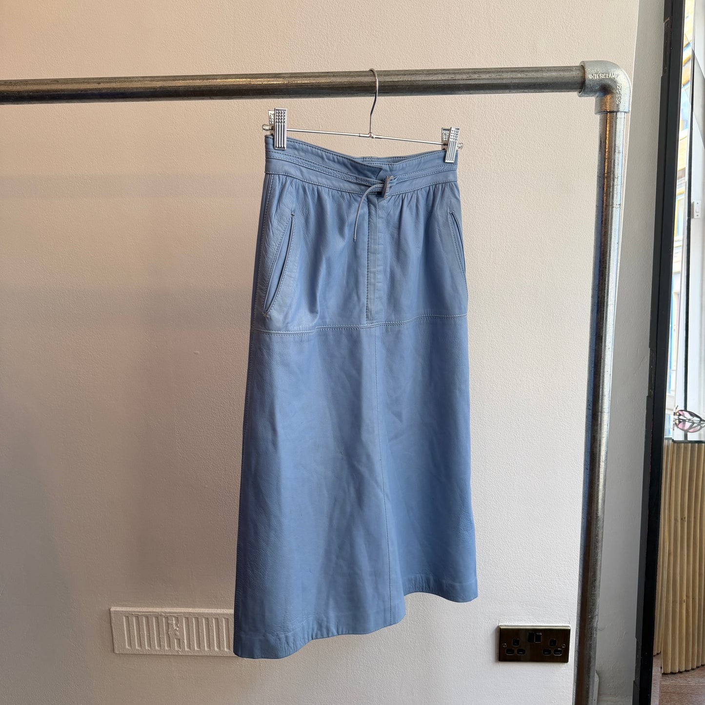 Blue Leather Midi Skirt