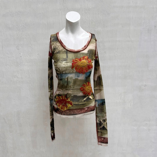 Jean Paul Gaultier 90's Floral Berlin Wall Club Kid Stretch Mesh Top