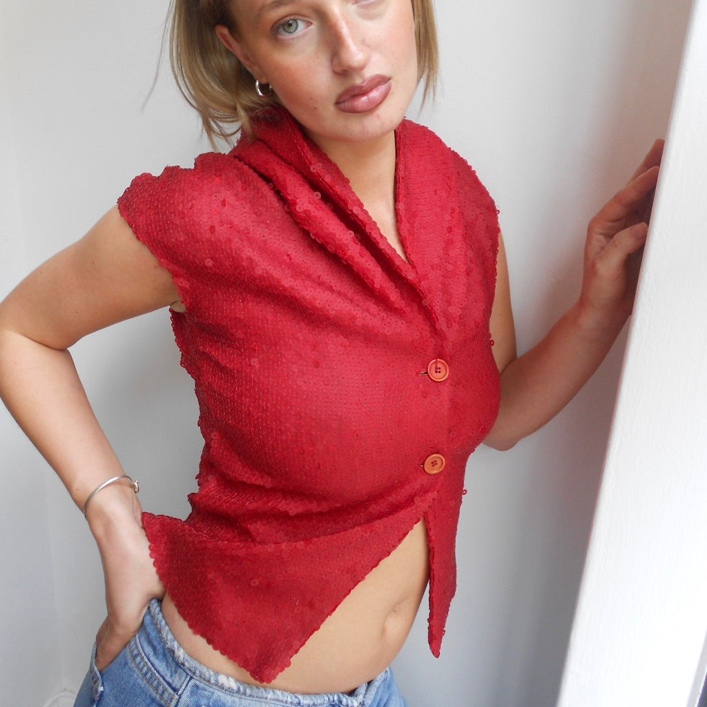 Red Sequin Hooded Vest