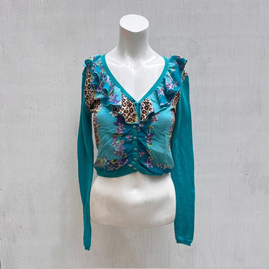 Blumarine Blue Floral & Leopard Print Cardigan