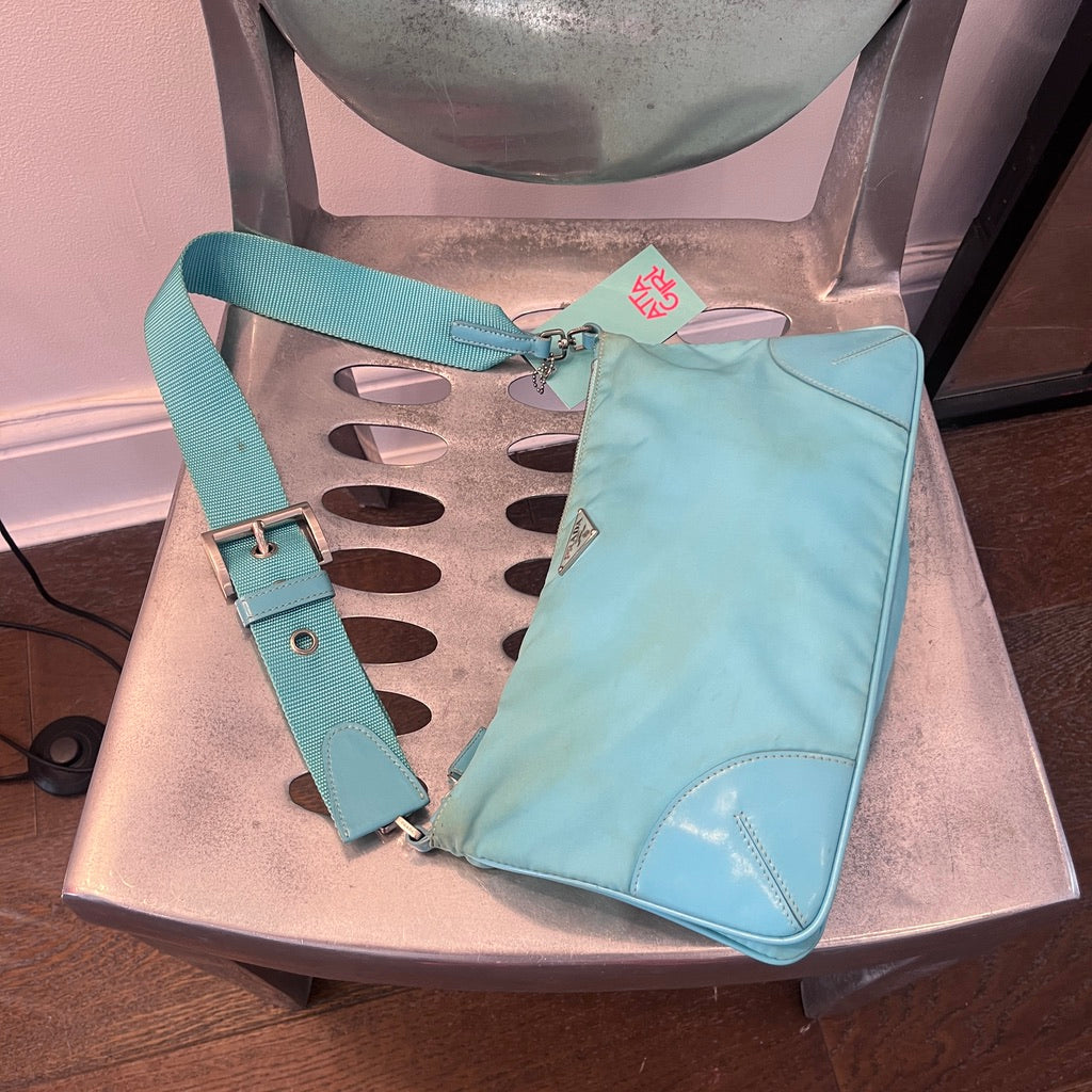 Prada Blue Tessuto Nylon With Saffiano Leather Trim Bag