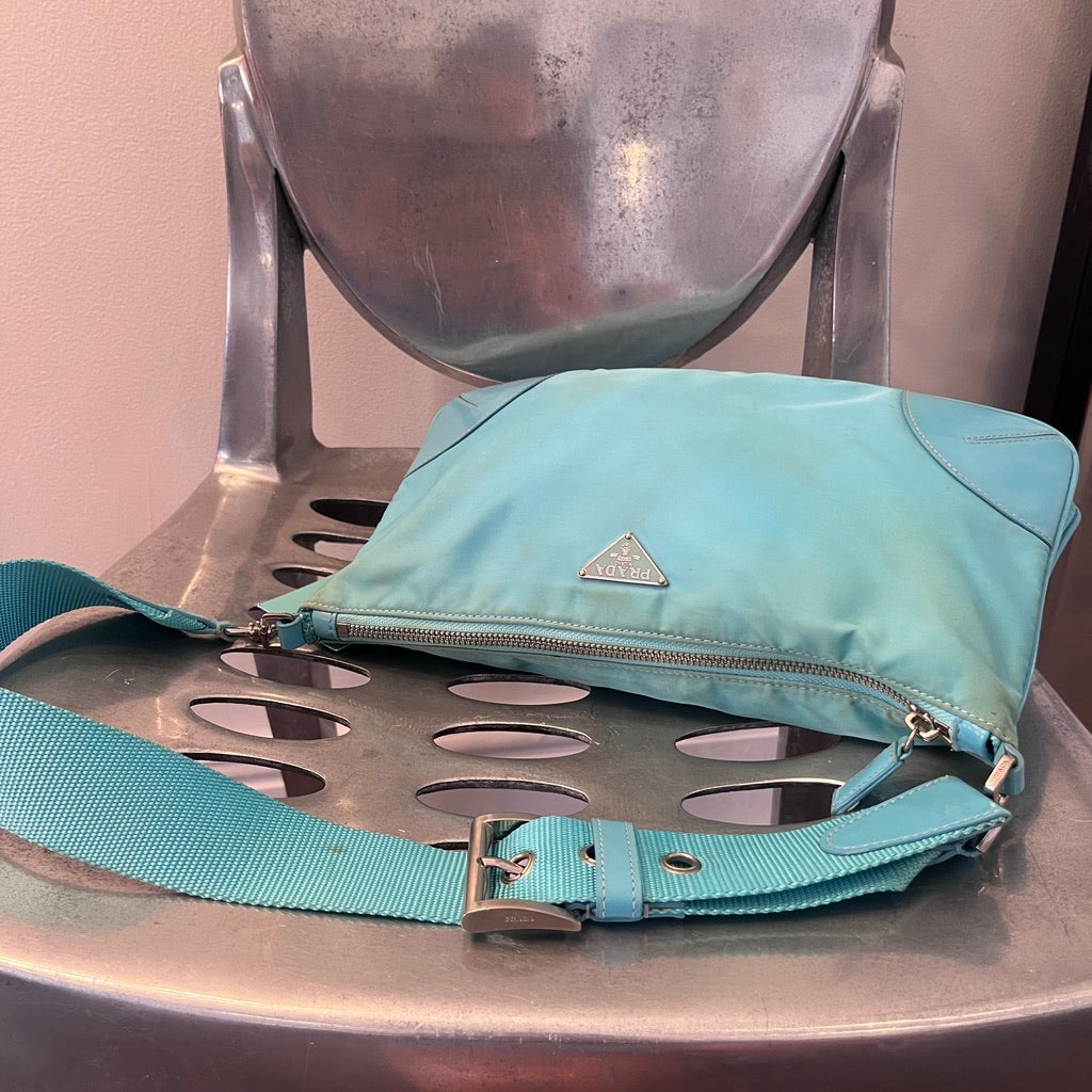 Prada Blue Tessuto Nylon With Saffiano Leather Trim Bag