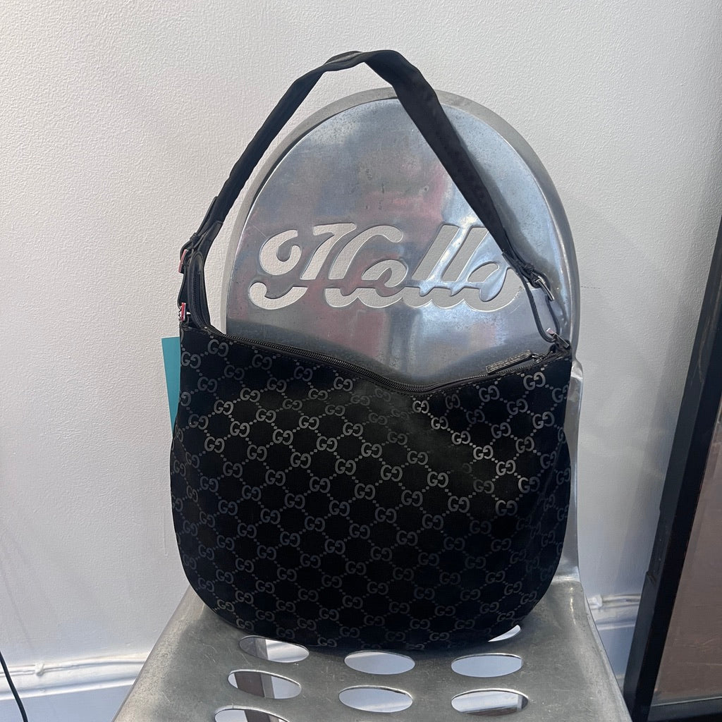 Gucci Black GG Monogram Velvet Shoulder Bag