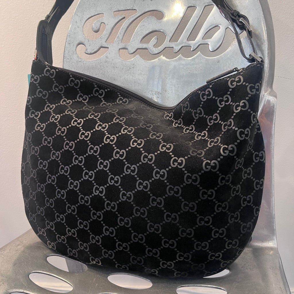 Gucci Black GG Monogram Velvet Shoulder Bag