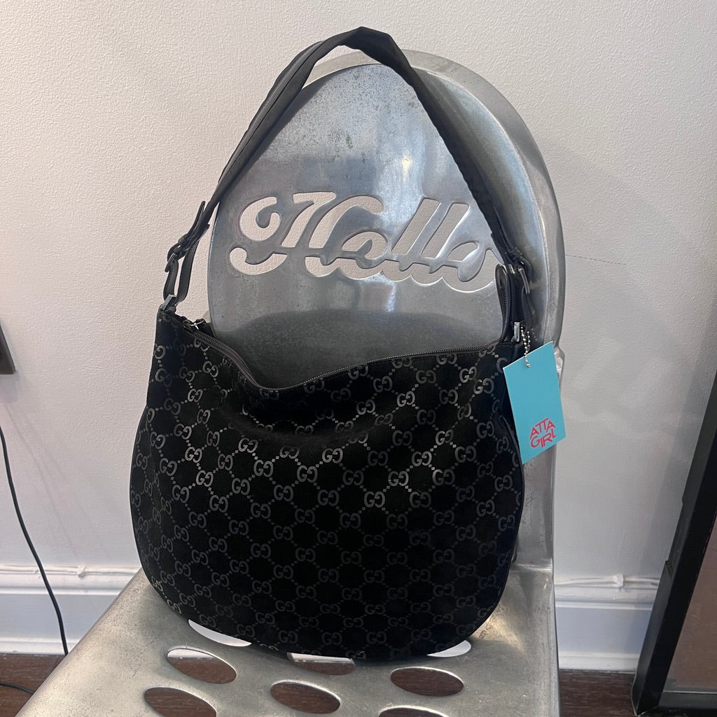 Gucci Black GG Monogram Velvet Shoulder Bag