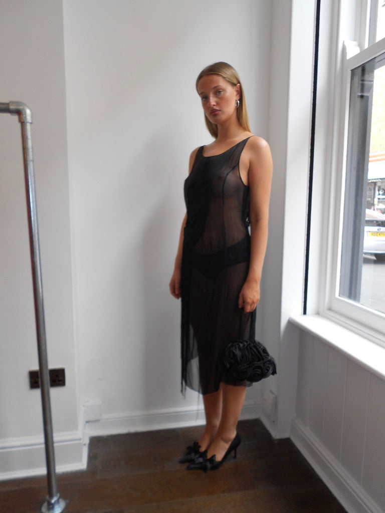 Black Sheer Tassel Slip Dress