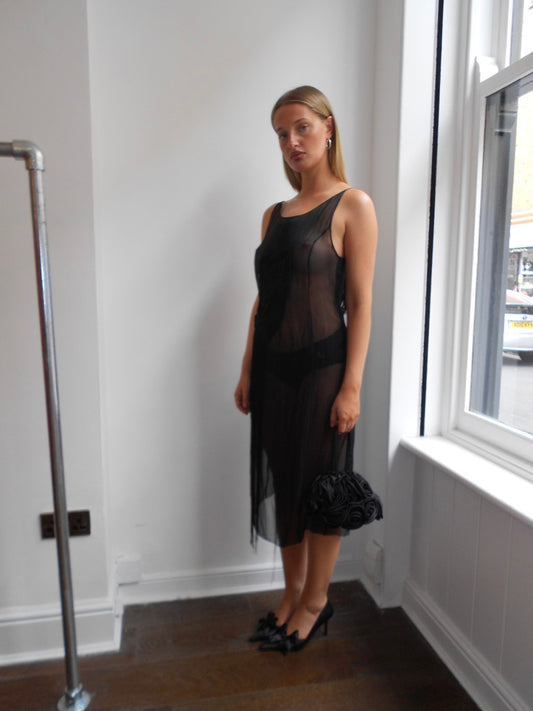 Black Sheer Tassel Slip Dress