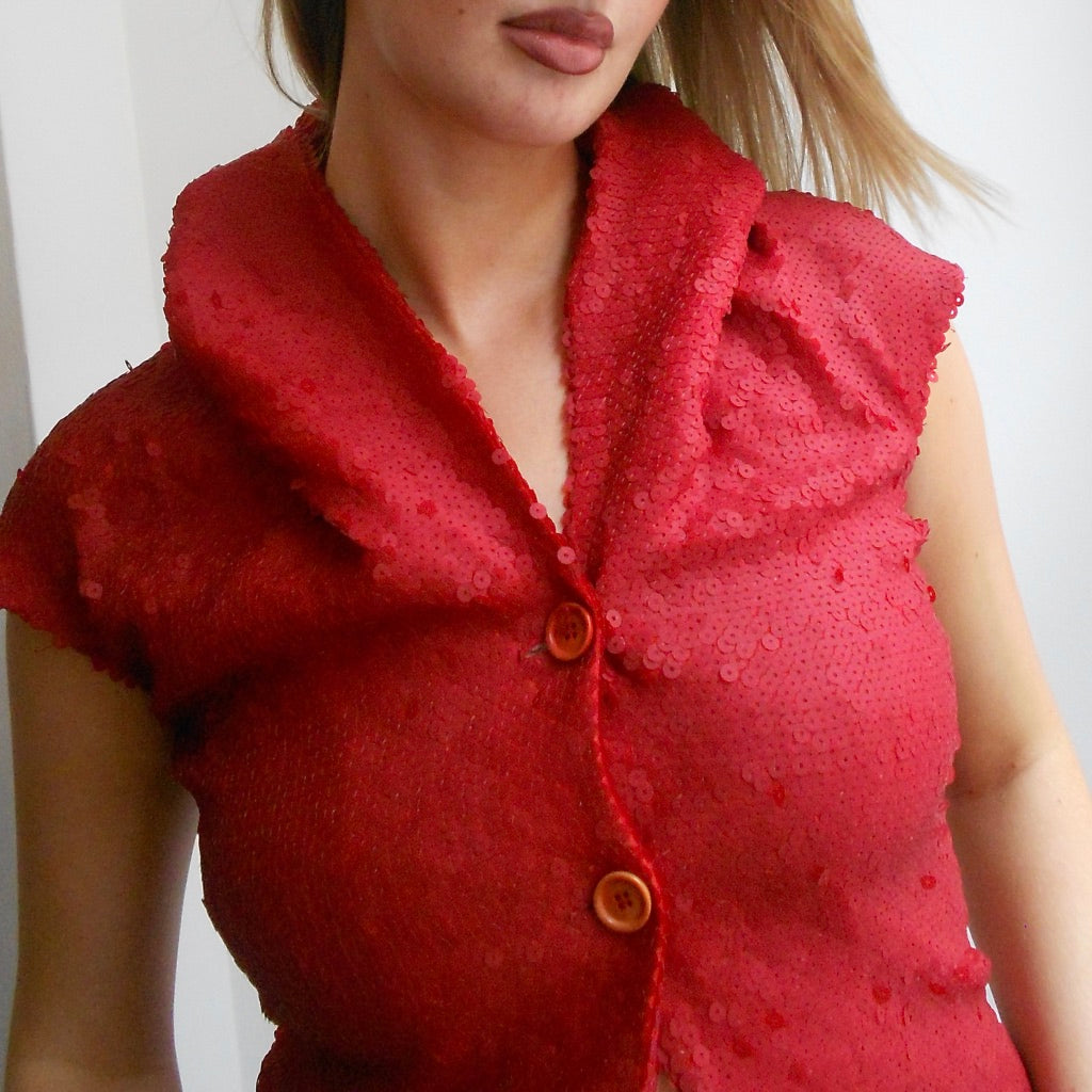 Red Sequin Hooded Vest