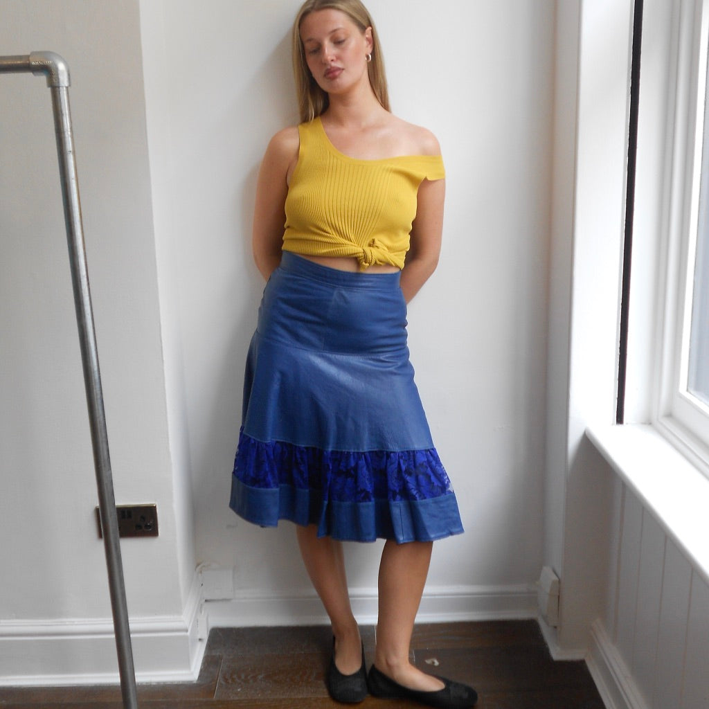 Royal Blue Leather and Lace Skirt