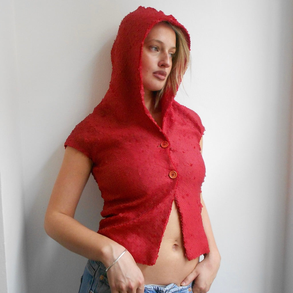 Red Sequin Hooded Vest