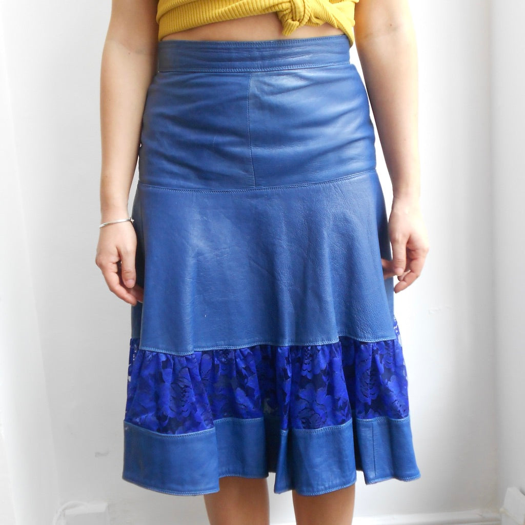 Royal Blue Leather and Lace Skirt