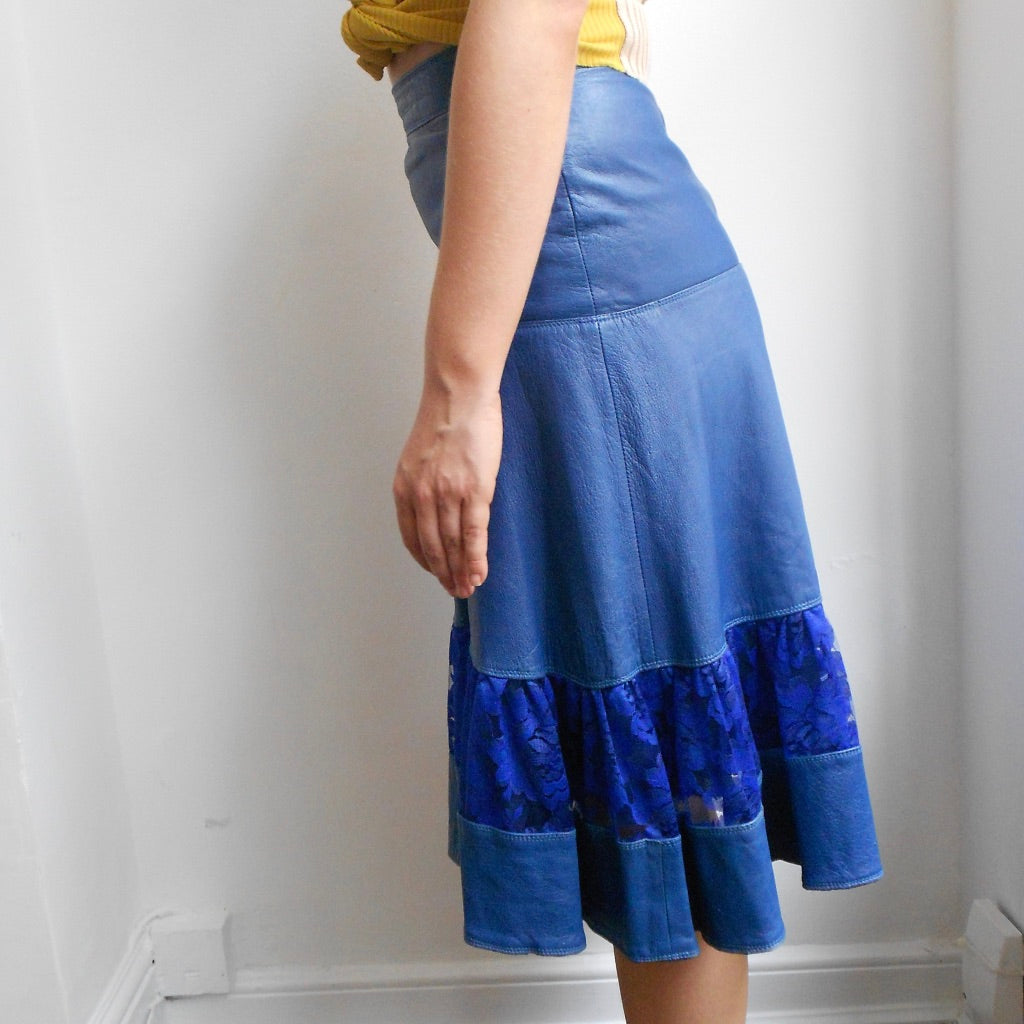 Royal Blue Leather and Lace Skirt