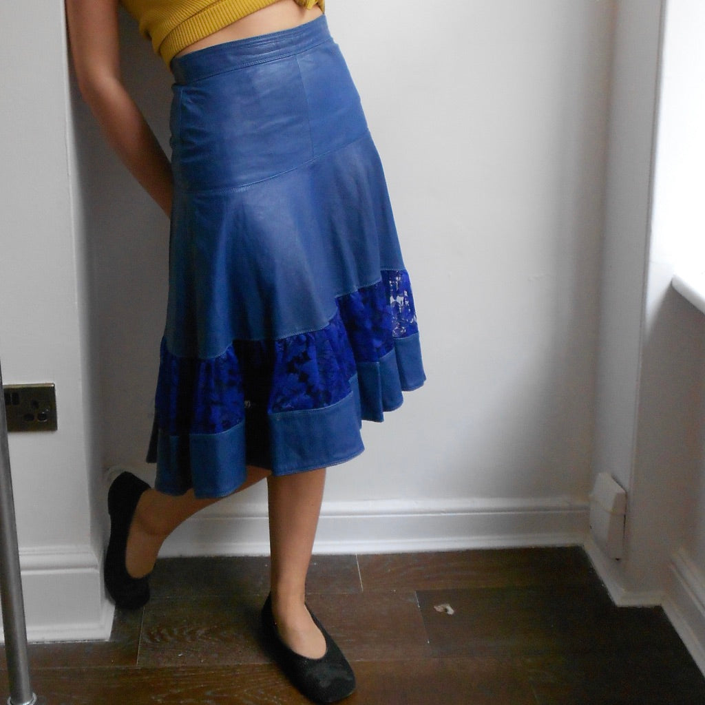 Royal Blue Leather and Lace Skirt
