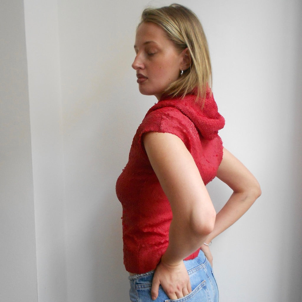 Red Sequin Hooded Vest